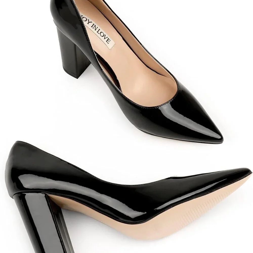 Women Chunky Heels Faux Patent Leather 8 Stylish Pointed Toe Pumps - Picture 3 of 6